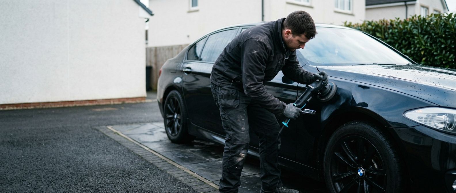 A detailer machine-polishing the wing of a black saloon on a suburban driveway