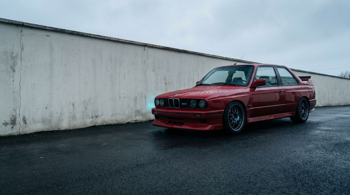 A red BMW E30 M3 Sport Evolution on a wet forecourt, water beading across freshly coated paint