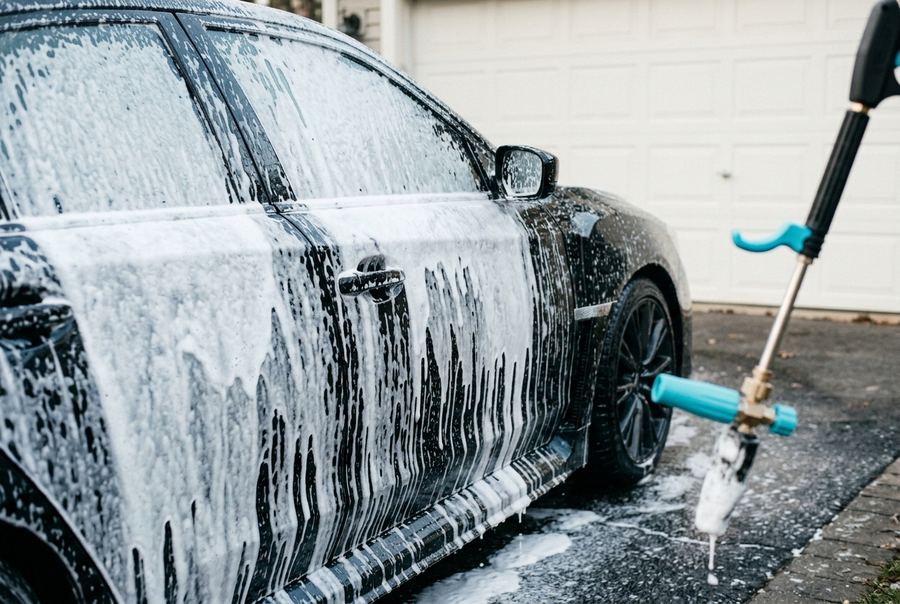 Snow foam sliding off the door of a dark car