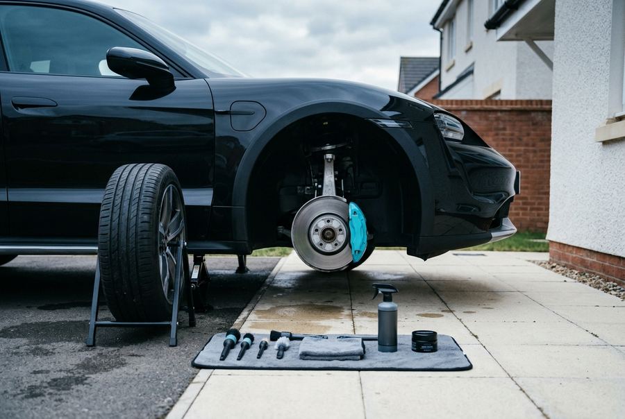 A car mid-detail on a driveway with one wheel removed