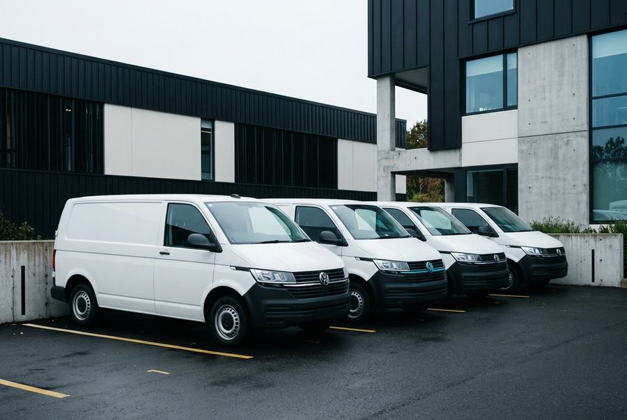 A row of freshly cleaned work vans in an office car park